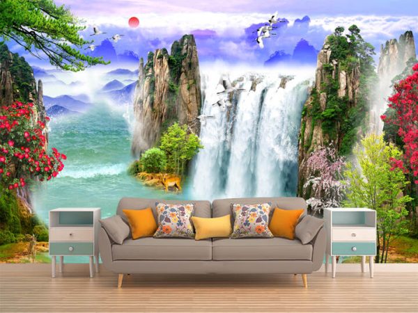 Luxurious floral waterfall background with golden leaves . Wallpaper mural
