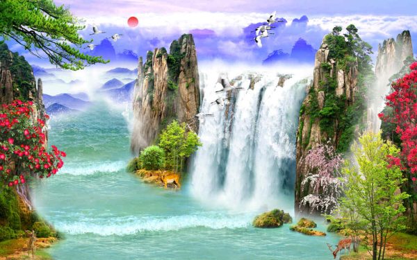 Luxurious floral waterfall background with golden leaves . Wallpaper mural - Image 2