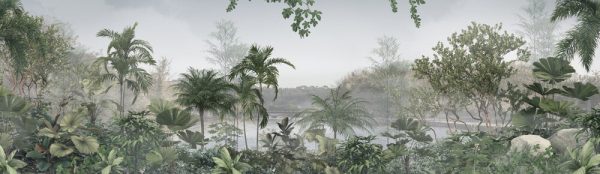 Tropical trees and leaves in foggy forest wallpaper design - 3D illustration