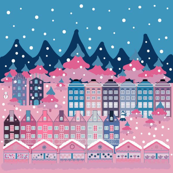 Vector illustration. Background with cute buildings on blue, neutral and pink colours. Colourful houses.