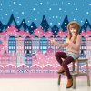 Vector illustration. Background with cute buildings on blue, neutral and pink colours. Colourful houses. - Image 2