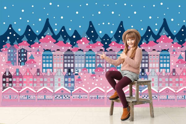 Vector illustration. Background with cute buildings on blue, neutral and pink colours. Colourful houses. - Image 2