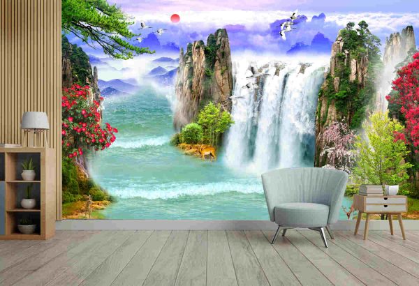 Luxurious floral waterfall background with golden leaves . Wallpaper mural - Image 3