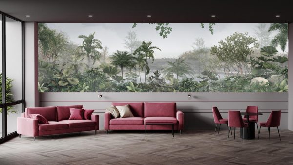 Tropical trees and leaves in foggy forest wallpaper design - 3D illustration - Image 2
