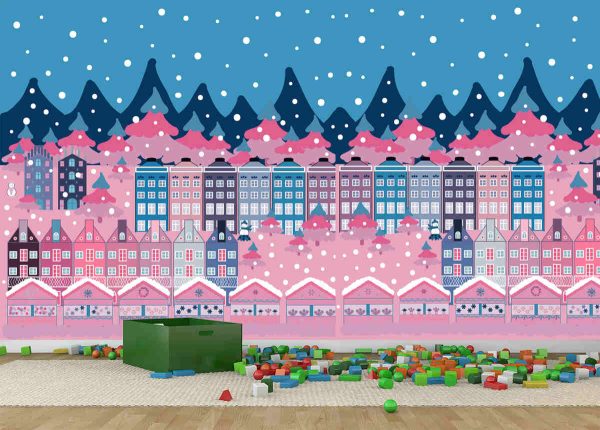 Vector illustration. Background with cute buildings on blue, neutral and pink colours. Colourful houses. - Image 3