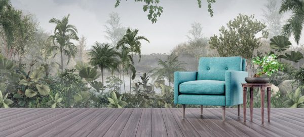 Tropical trees and leaves in foggy forest wallpaper design - 3D illustration - Image 3