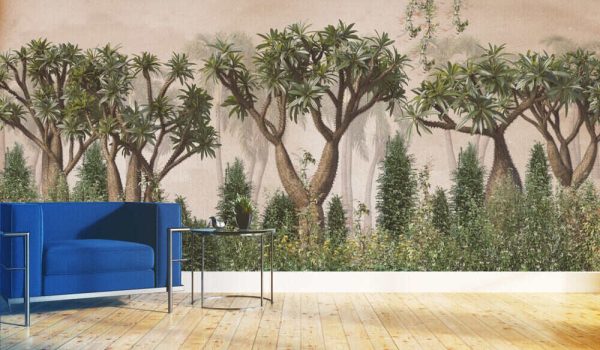 leaves wallpaper design in foggy forest - 3D illustration