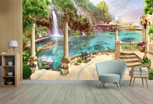Maldives, a rock with a waterfall and a bungalow on the sea. Home wallpapers. - Image 3