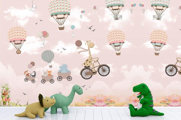 Wallpaper for kids, animals on balloon