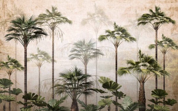 Tropical trees and leaves in foggy forest wallpaper design - 3D illustration