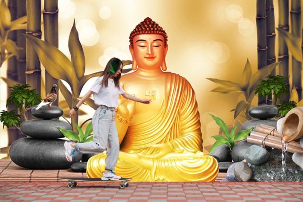 3d Buddha Wallpaper with beautiful background bamboo trees stone water birds natured.. - Image 3