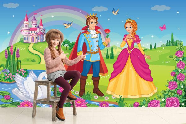 Beautiful elf Princess, Prince, Swan. King and Queen. Fairy tale background
