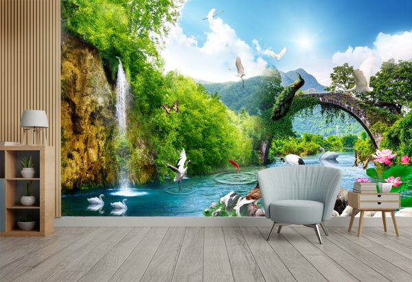 Waterfall wallpaper and nature image with peacock with swan wallpaper for walls