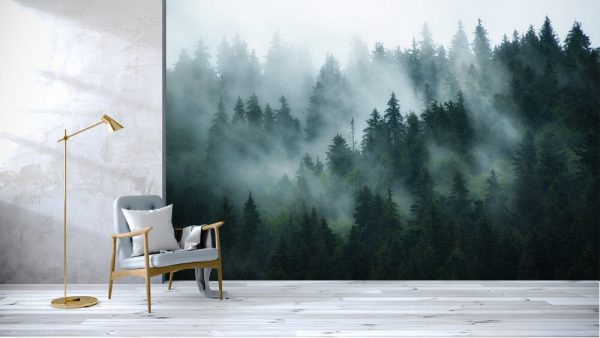 Misty landscape with fir forest in hipster vintage retro style - Image 3