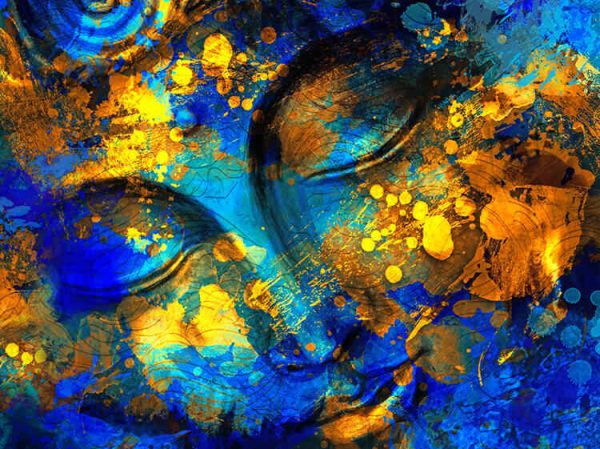 Buddha - digital art collage combined with watercolour. Blue and yellow splashes and stains of paint. An unusual painting hand drawn for the interior