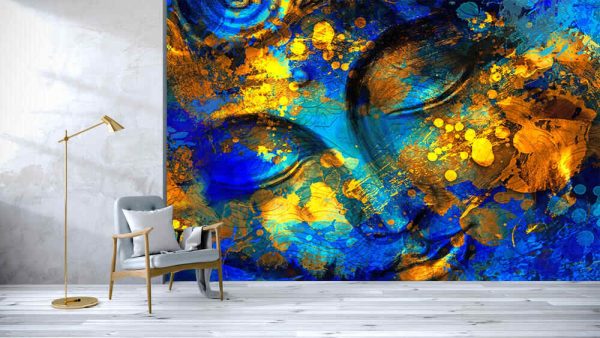 Buddha - digital art collage combined with watercolour. Blue and yellow splashes and stains of paint. An unusual painting hand drawn for the interior - Image 2