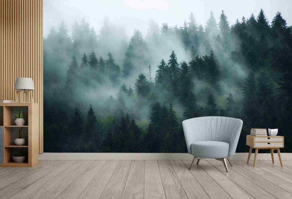 Misty landscape with fir forest in hipster vintage retro style