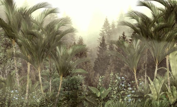 Tropical trees and leaves in foggy forest wallpaper design - 3D illustration