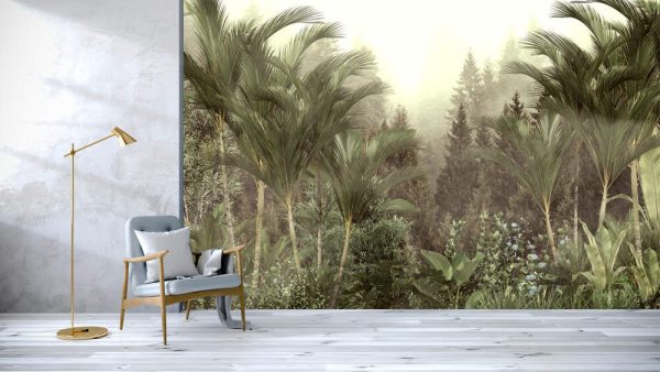Tropical trees and leaves in foggy forest wallpaper design - 3D illustration - Image 3