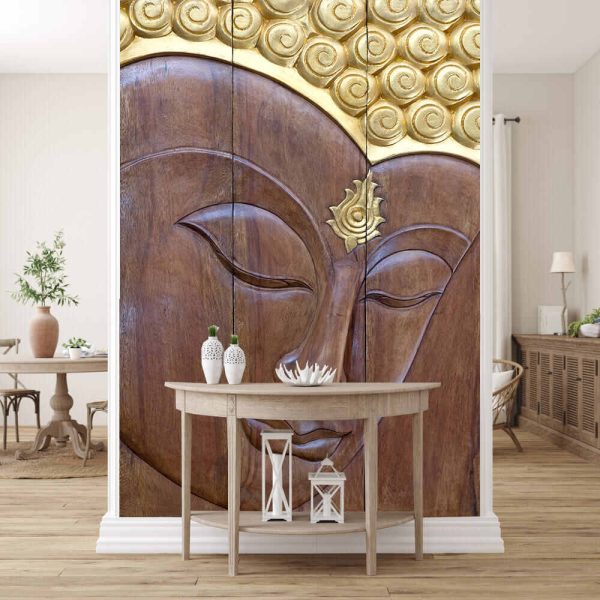 Buddha face carving 3 pieces of wood and gold gilded handcrafts - Image 3