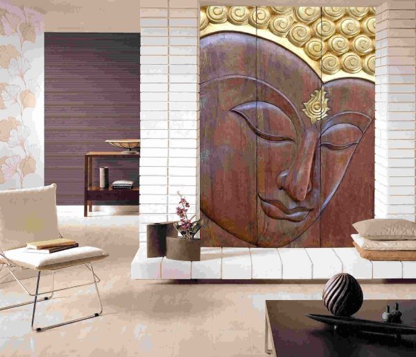 Buddha face carving 3 pieces of wood and gold gilded handcrafts