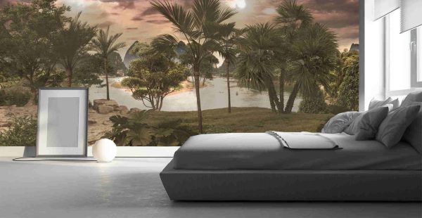 Tropical trees and leaves in foggy forest wallpaper for walls - 3D illustration - Image 3