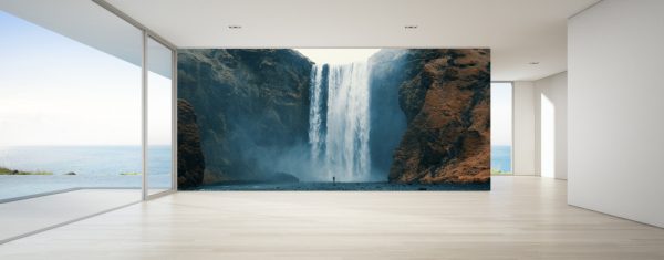 Woman overlooking waterfall at skogafoss, Iceland. Skógafoss, Island. Wallpaper for home