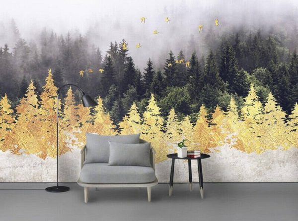 New Modern Minimalist Drawing Golden Forest Birds Abstract