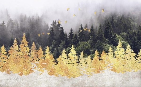 New Modern Minimalist Drawing Golden Forest Birds Abstract - Image 2