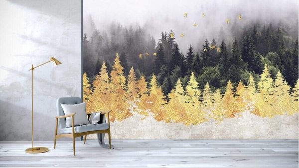 New Modern Minimalist Drawing Golden Forest Birds Abstract - Image 3