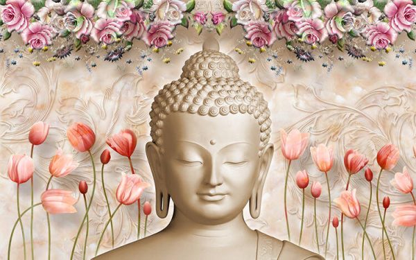 Buddha face with stunning marble background and flowers - Image 2