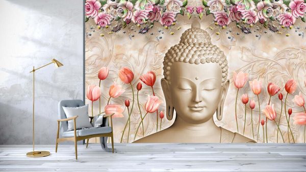 Buddha face with stunning marble background and flowers - Image 3