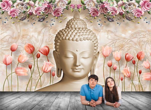 Buddha face with stunning marble background and flowers