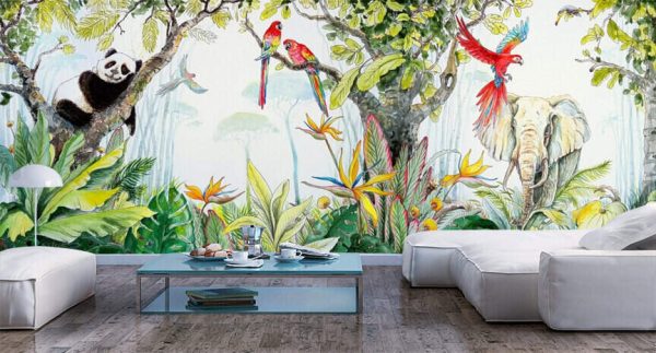 Panda and animals in the forest, water colour paintings landscape