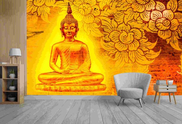 Buddha gold statue on golden background patterns Thailand.