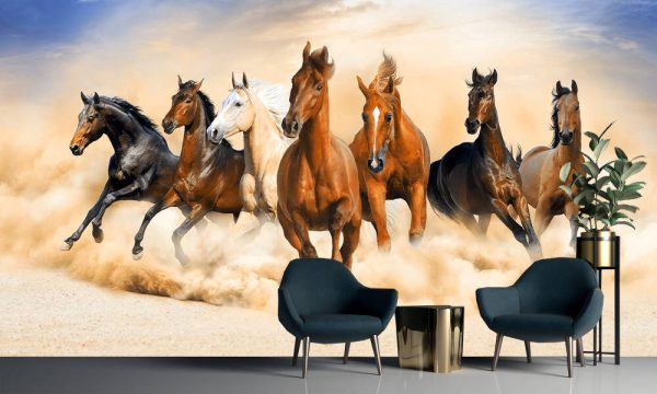Seven horses force running out of sand