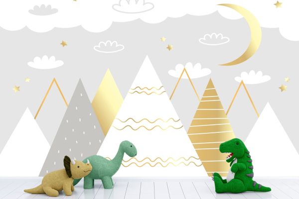 Children hand drawn color mountain illustration in scandinavian style. Mountain landscape, clouds and cute moon. Kids wallpaper.