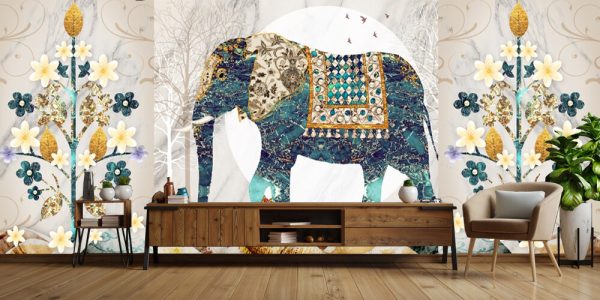 3d illustration of elephant and trees wall murals - Image 3