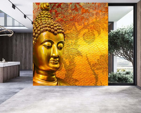 Buddha gold statue on golden background patterns Thailand.