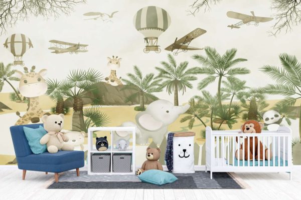 Cute animals wallpaper design for kids rooms- 3d illustration