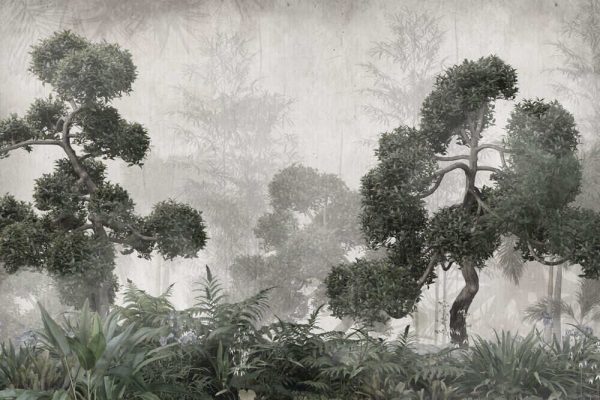 Trees and leaves in foggy forest wallpaper design - 3D illustration - Image 3