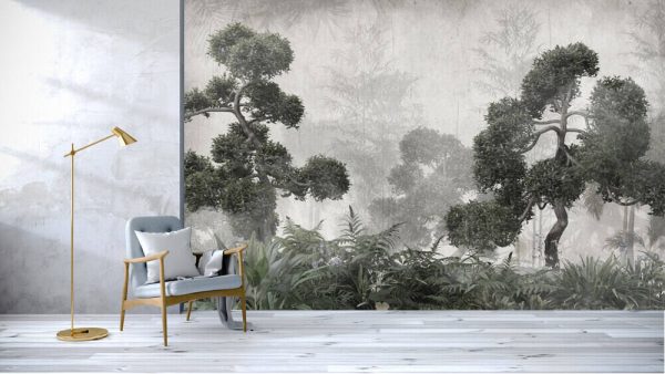 Trees and leaves in foggy forest wallpaper design - 3D illustration - Image 2