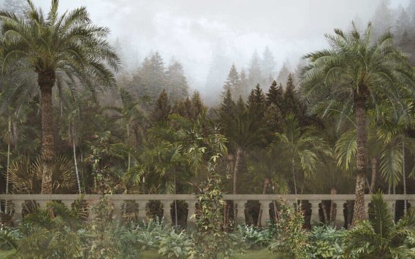 Trees and leaves wallpaper design in foggy forest - 3D illustration