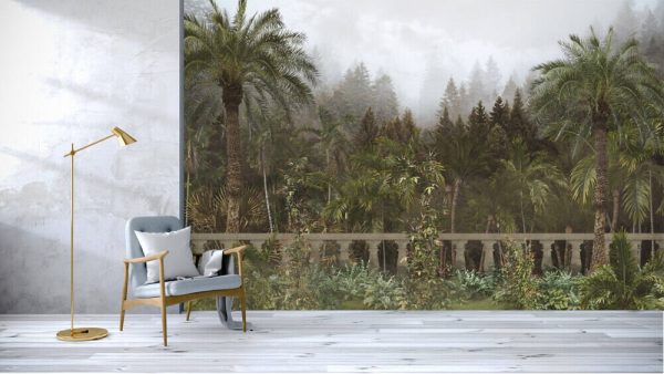 Trees and leaves wallpaper design in foggy forest - 3D illustration - Image 3