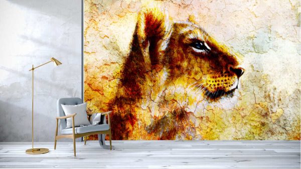 Little lion cub head. animal painting on vintage paper, abstract colour background with spots and crackle - Image 2
