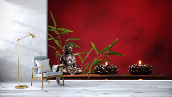 Buddha in meditation with burning candle and bamboo leaf on red background. - Image 3