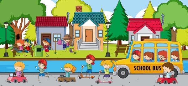 Outdoor scene with many kids playing scooter on street illustration