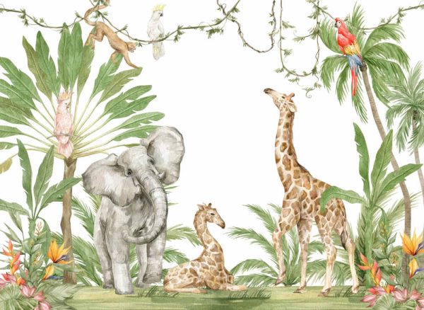 Watercolour composition with African animals and natural elements. Elephant, giraffe, monkeys, parrots, palm trees, flowers. Safari wild creatures. Jungle, tropical illustration for nursery wallpaper - Image 3