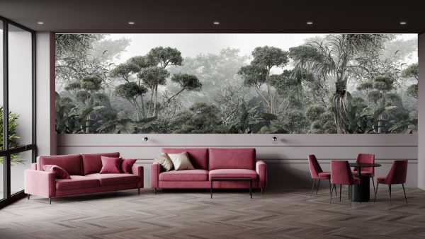 Tropical trees and leaves wallpaper design in foggy forest - Image 2