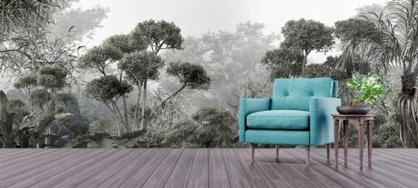 Tropical trees and leaves wallpaper design in foggy forest - Image 3